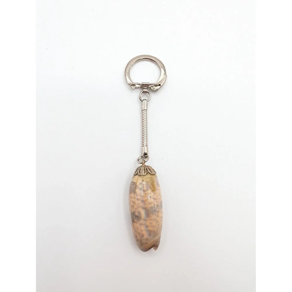 Vintage Natural Olive Sea Shell Keychain Silver Tone‎ Snake Chain Souvenir Boho